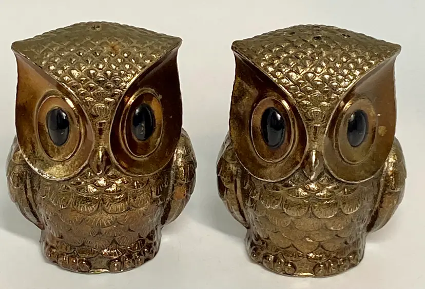 Metal Owl Salt & Pepper Shakers by TaJ Imports Japan, 2.75" Tall