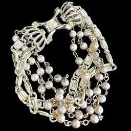 Mid-century 7” LISNER 5-strand Gold-tone Faux Pearl Bead & Scrollwork Bracelet.