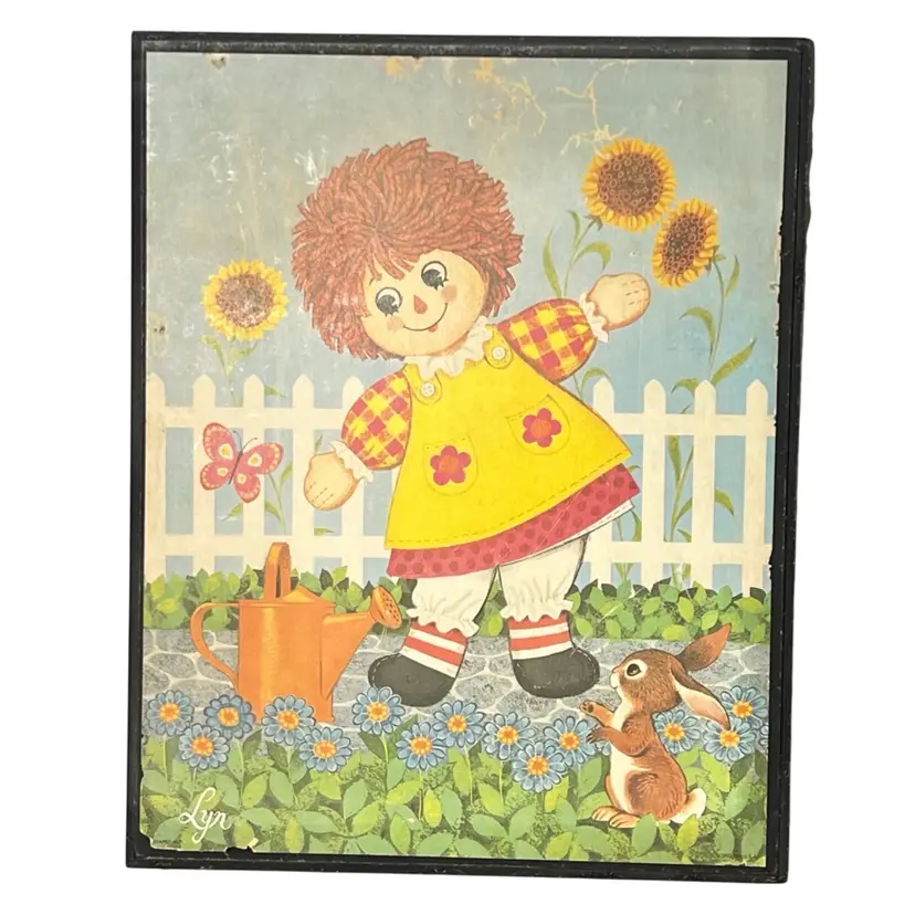 Vintage Raggedy Ann Wall Art Gardening Lithograph On Pressboard 1970s Signed Lyn