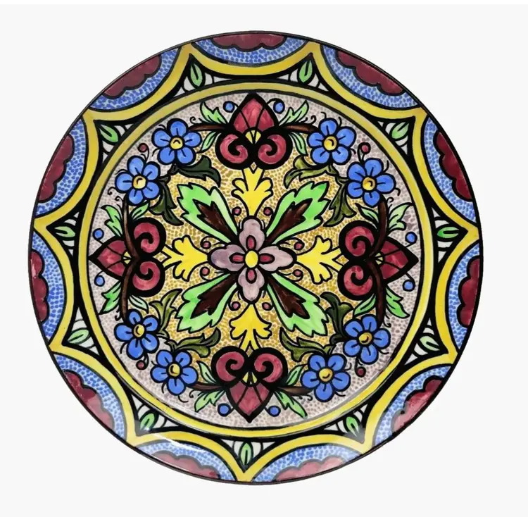 Vintage Spanish Decorative Plate Handmade Glazed Ceramic Floral Wall Hanging 14"