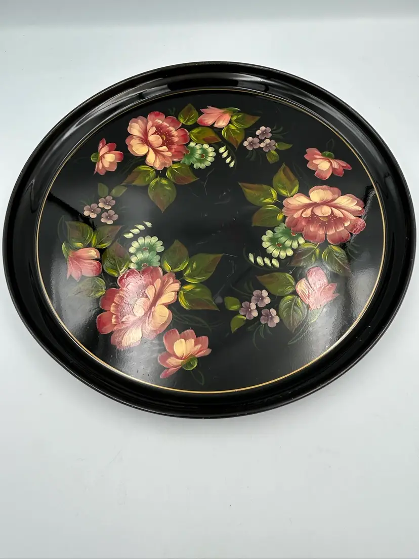 Vintage Hand Painted Russian Toleware Round Metal Floral Tray Made In USSR