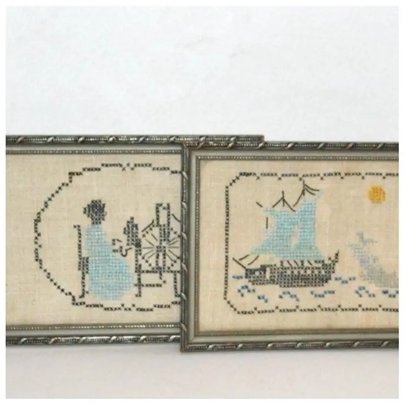 Set Of 2 Vintage Needle Work Pieces On Linen Ship Spinning Wheel Framed Handmade Craft