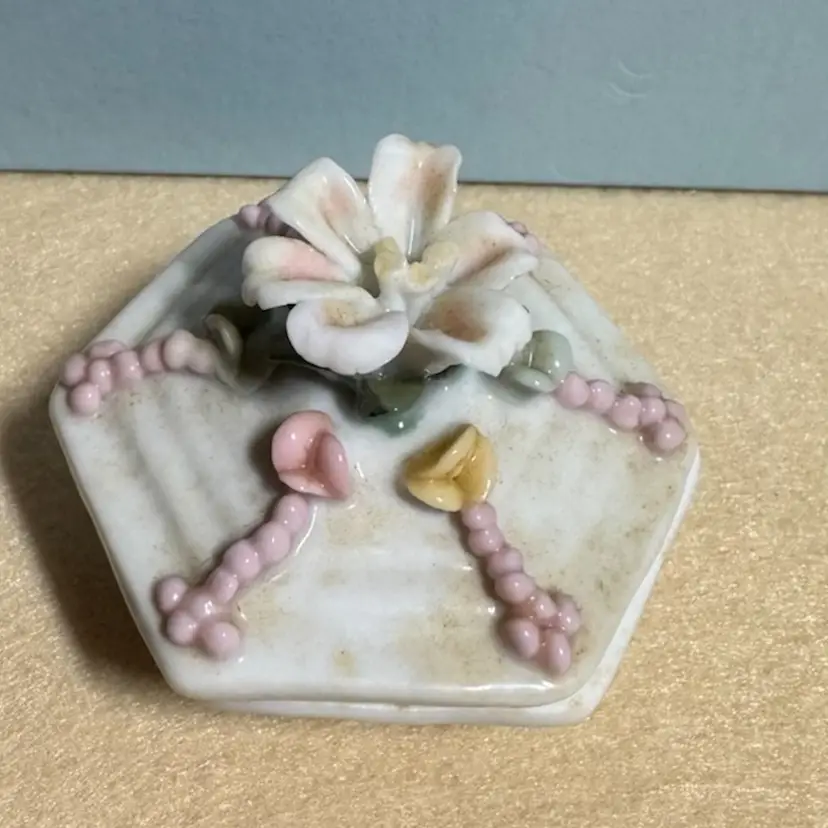 Vintage Porcelain Hexagon Trinket Box With Florals