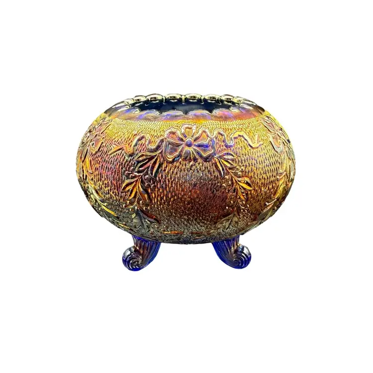 Antique Fenton Carnival Glass Garland - Bows Blue Rose Bowl Vase Gold Iridescent