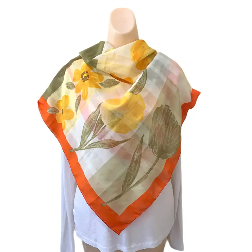 Symphony Scarf Wrap Made Italy Square Bright Yellow Orange Floral Retro Vintage