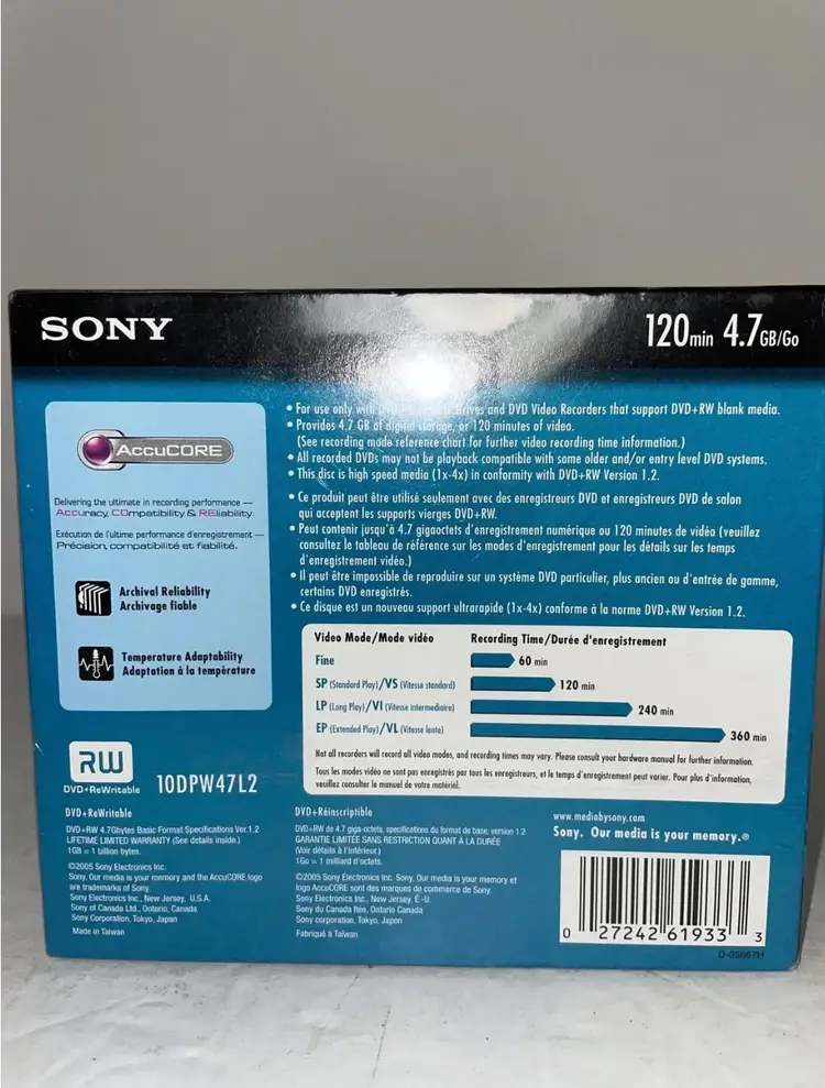 NEW Sony DVD+RW ReWritable 10 Pack 120 Min 4.7 GB Go 1x-4x  AccuCORE NOS