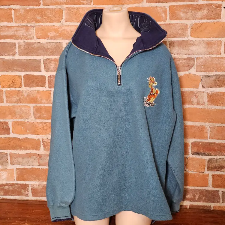 Vintage Disney Tigger Quarter Zip Fleece Pullover Size L Blue 90s Winnie the Pooh Sweatshirt