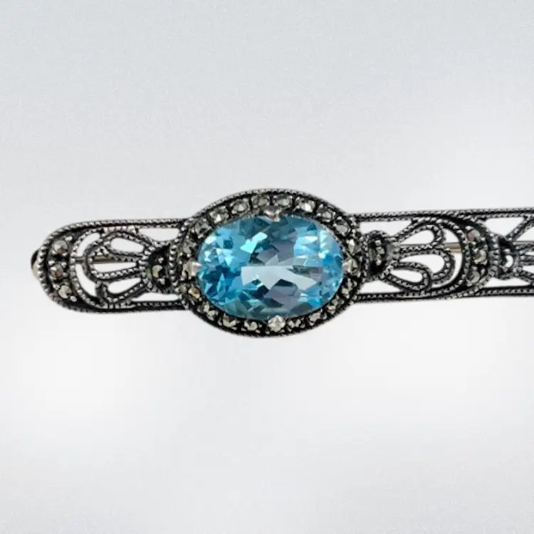 Judith Jack Sterling Silver Marcasite And Blue Stone Art Deco Style Brooch, 925 Judith Jack Bar Brooch, Fine Jewelry, Vintage Jewelry, Designer Jewelry, 925 Brooch