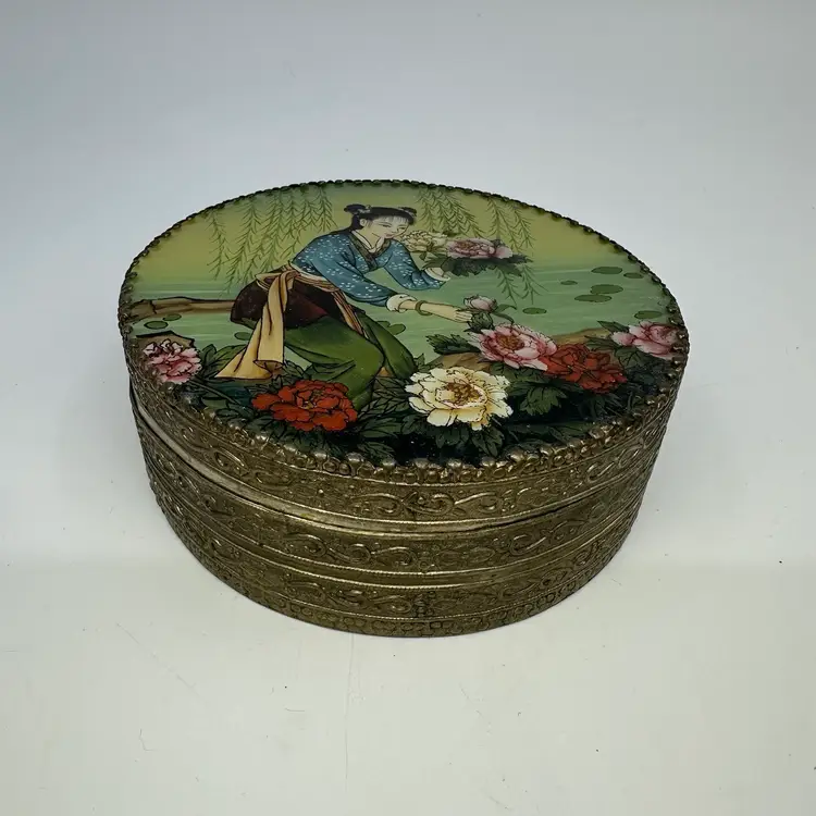 Oriental Silver Round Trinket Box Mirror Inside The Lid 4.5”