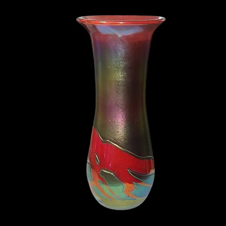 Phoenician Malta Iridescent Hand Blown Art Glass Vase – Red Abstract Lava Design – 8.5” Tall