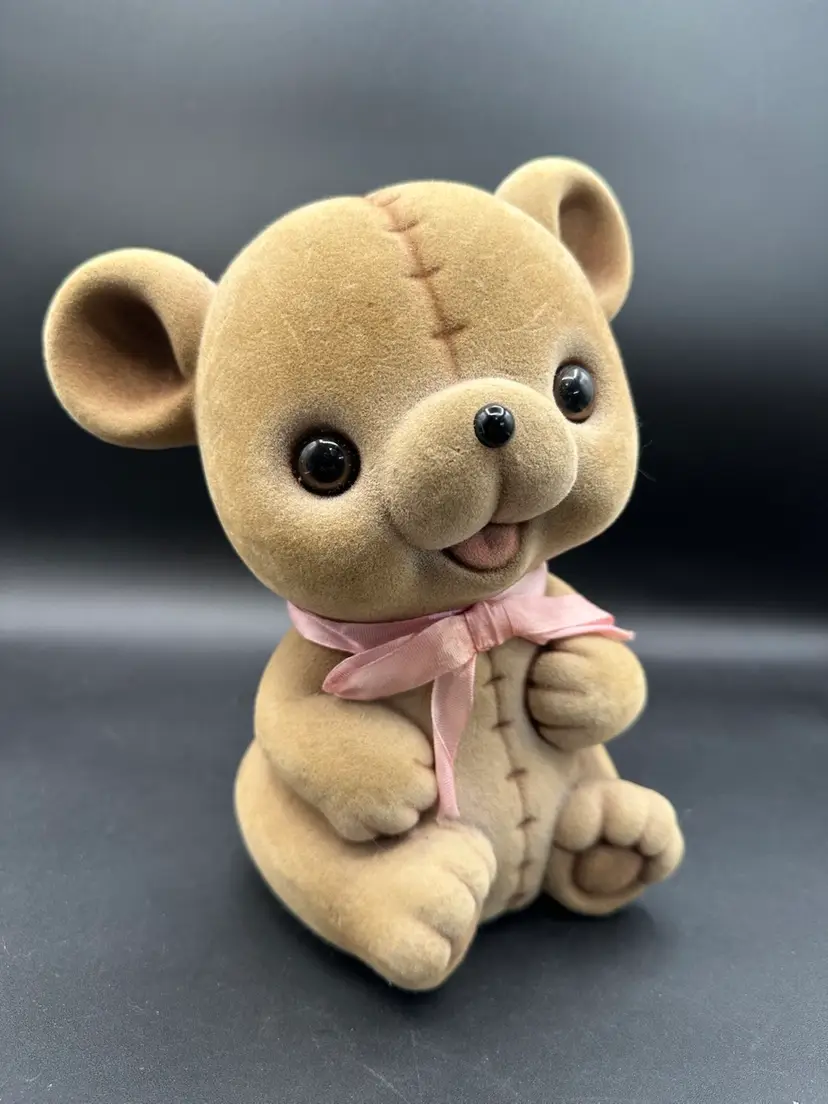 Josef Original Kitschy Large Flocked Teddy Bear Coin Bank, Pink Bow, Original Stopper 9.5”T 5”W 5.5”D