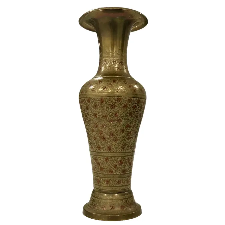 Vintage Brass Decorative Vase Etched with Red Flowers