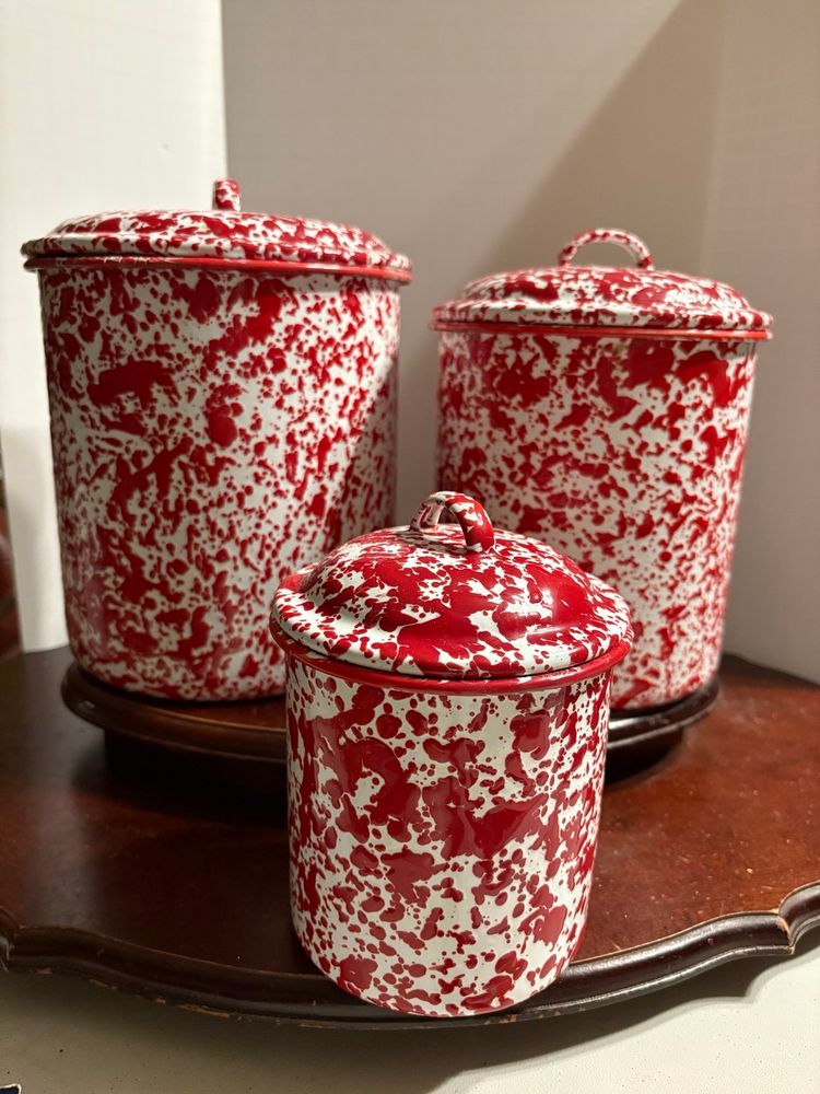 3 Piece Red And White Splatter Enameled Canister Set