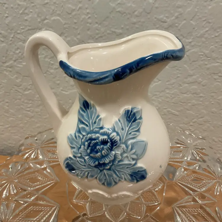 Blue & Cream Ceramic Embossed Floral Creamer