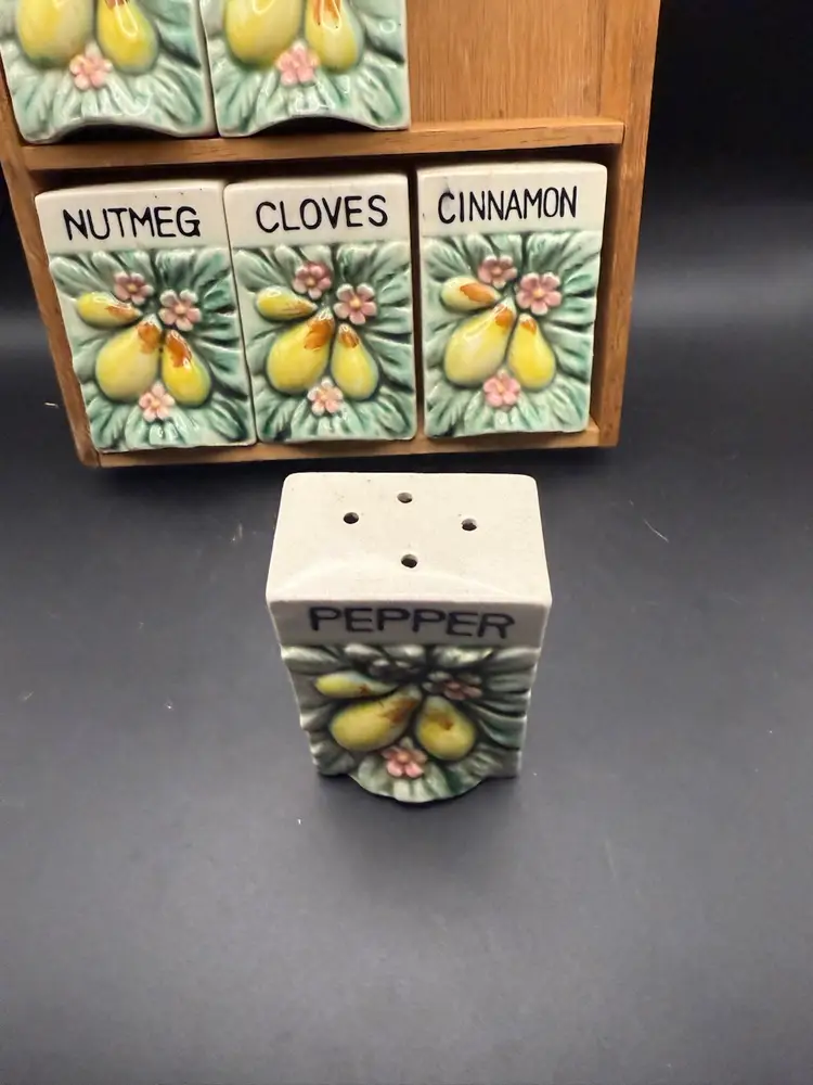 Vintage Japanese Porcelain Spice Jar Set in a Wooden Rack