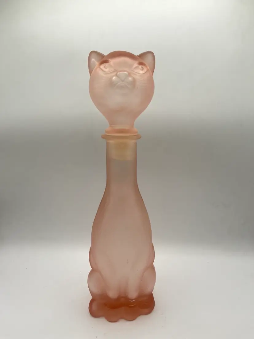Vintage Pink Empoli Italy Import Demain Collection Glass Feline Cat Decanter