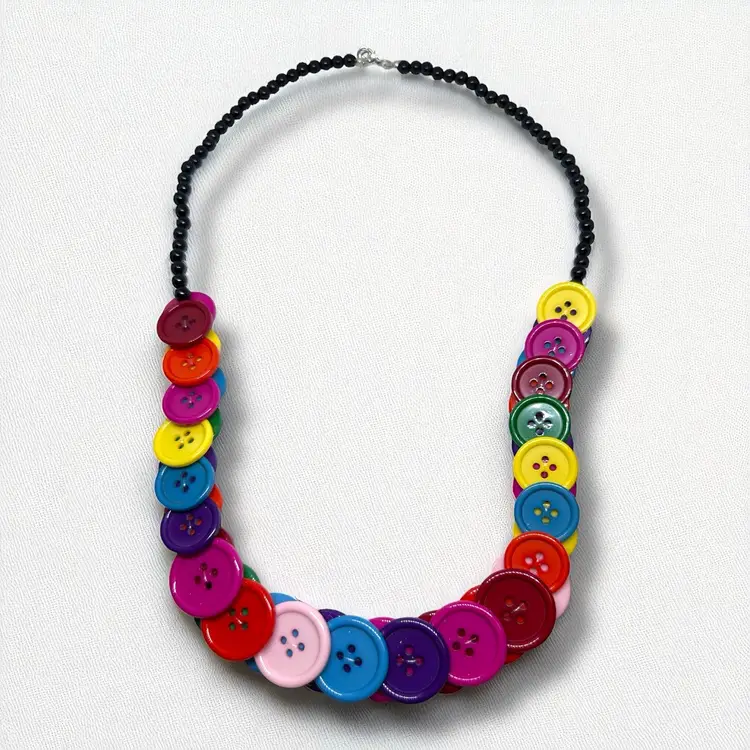 Vintage 80s Rainbow Button Necklace Colorful Fun Chunky Retro