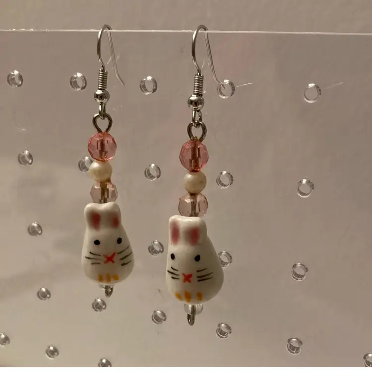 Adorable Porcelain Bunny Drop Earrings Hand Painted