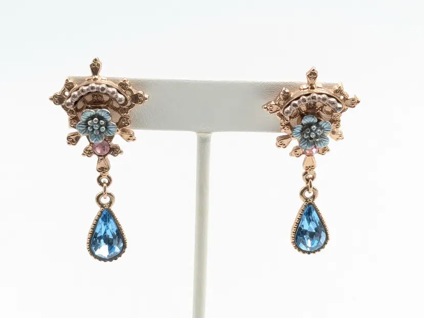 Rose Gold Tone Blue Flower and Rhinestone Pierced Earrings Drop Dangle