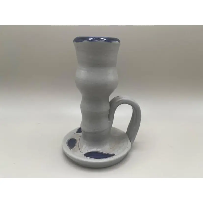 Williamsburg Pottery Handcrafted Candleholder ~ Grey with Blue Accents ~ Unique Design ~ Size 4 inches tall.
