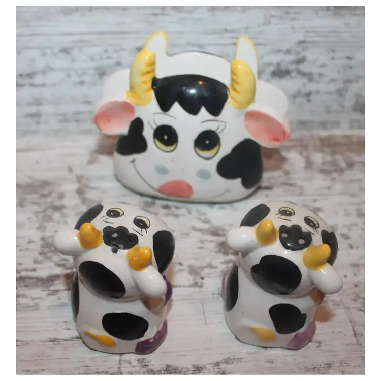 Anthropomorphic Cows Salt and Pepper Shaker Set with Napkin Holder Cute Gift Kitsch