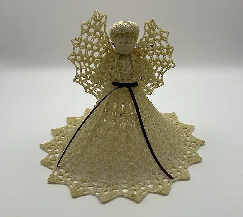 Hand crocheted lace, stiffened, ANGEL  with burgundy ribbon accents! Beautiful for your tree or on a table!