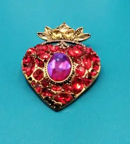 Crowned Heart Brooch/Pin w/Red Rhinestones
