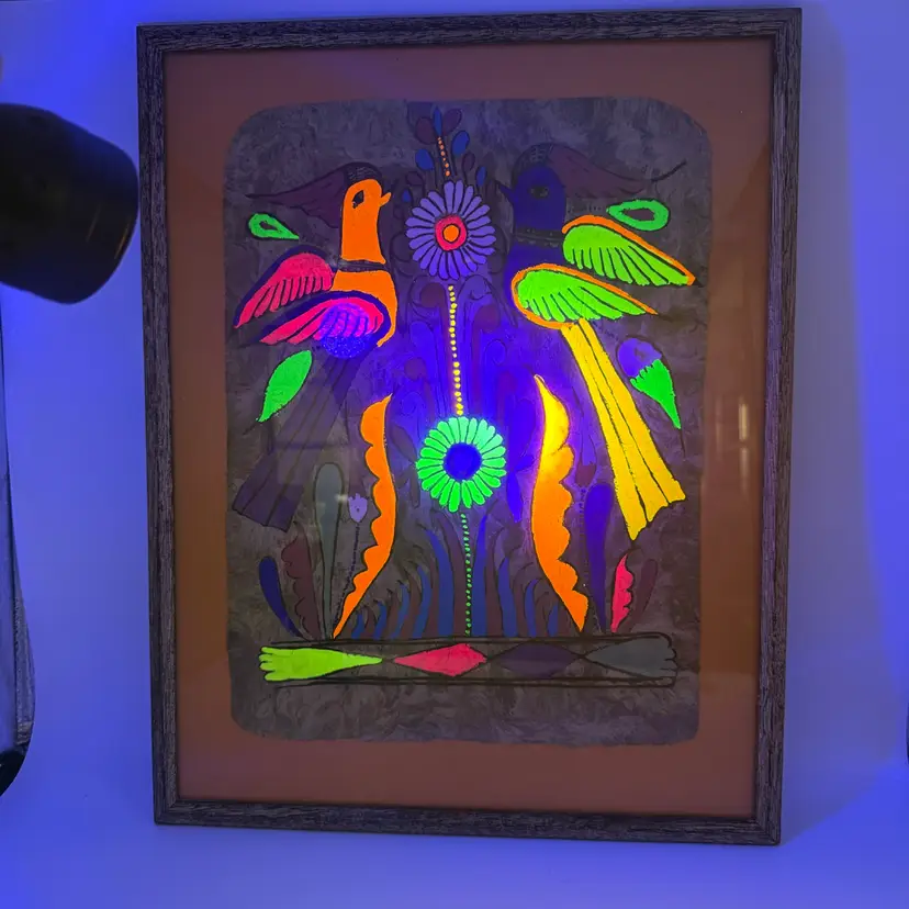 Vintage Mexican Folk Art Painting On Amate Bark Paper - Framed 15” X 19” GLOWS!