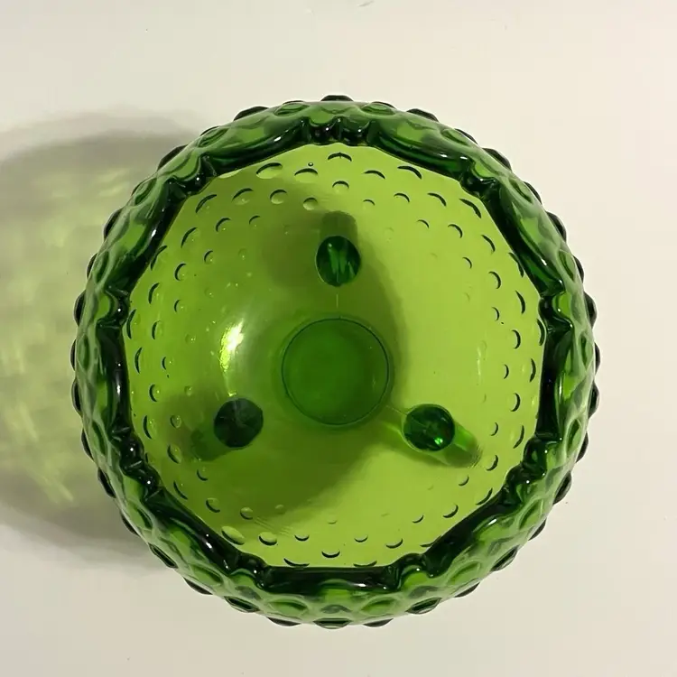 LE Smith Glass Green Hobnail 3 Leg Footed Rose Bowl Dish 3.5" Tall Vintage 1960s