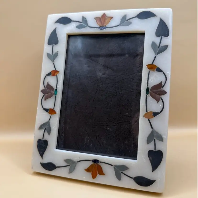 Marble Alabaster Lapis Lazuli & Semi Precious Stone Floral Inlay Picture Frame 6.5x5β