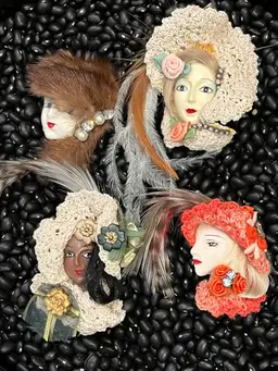 Set of 4 1980s Vintage Face Brooches Fur Feathers Hair
