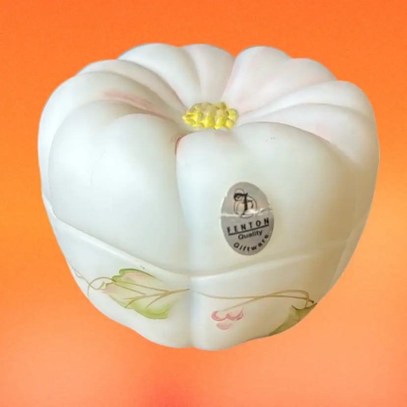 1988 Fenton Satin Glass Painted Pumpkin Flower Trinket Box - 4” Diameter 2.75” Tall