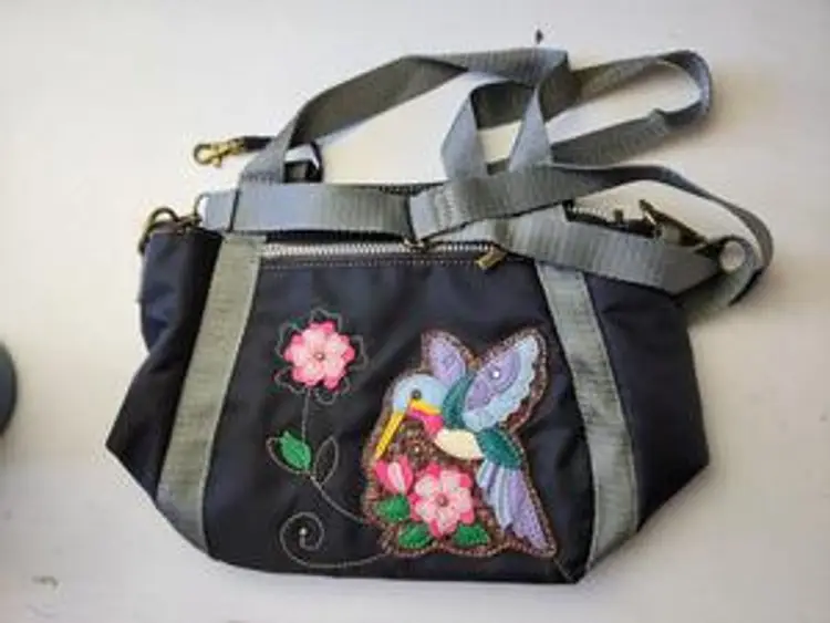 Challa Venture Mini Carryall Black Hummingbird Handbag With Floral Embroidery