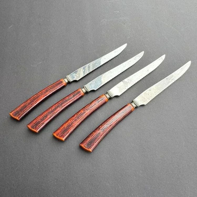 Vintage Set of 4 Steak Knives by Glo Hill Canada Faux Antlers & Stainless Steel