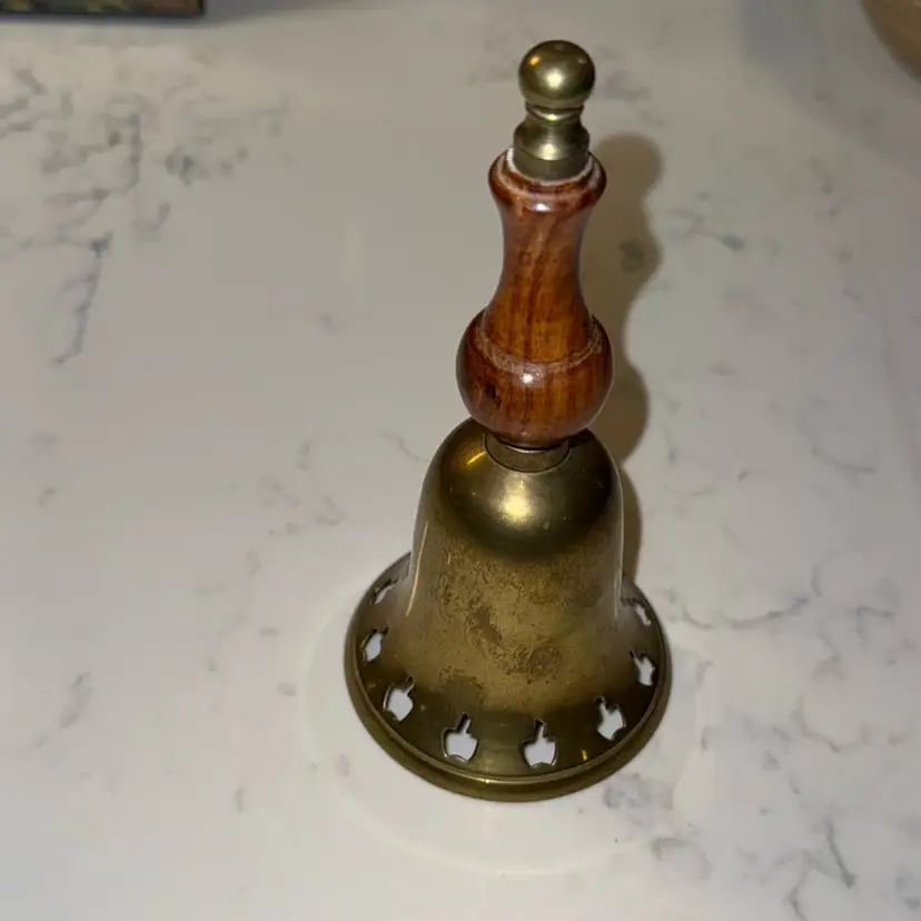 Brass Bell With Wood Handle & Apple Cutouts