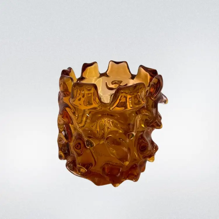 Vintage MCM Lazy Susan Brutalist Amber Art Glass "Thorn" Vase/Votive.