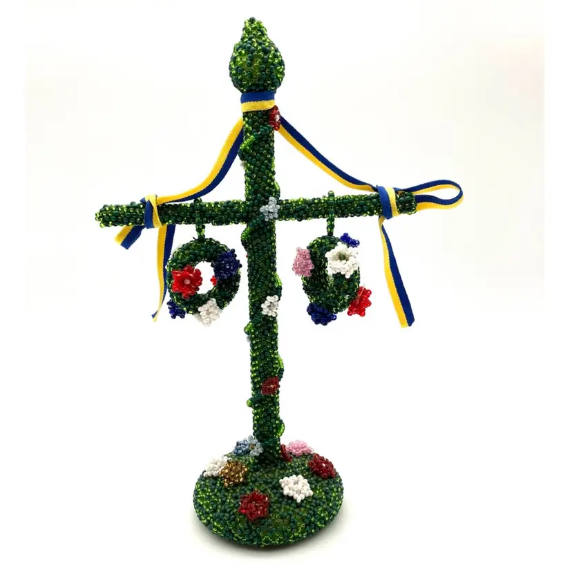 BIN - Handmade Beaded Signed Floral Midsommar Maypole Sweden 8.75”