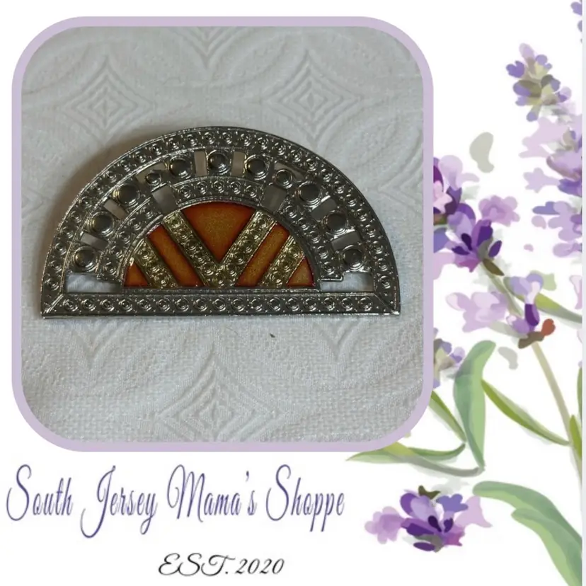 Vintage Pierre Bex Art Deco Style Silver Tone Fan With Orange Enamel Brooch