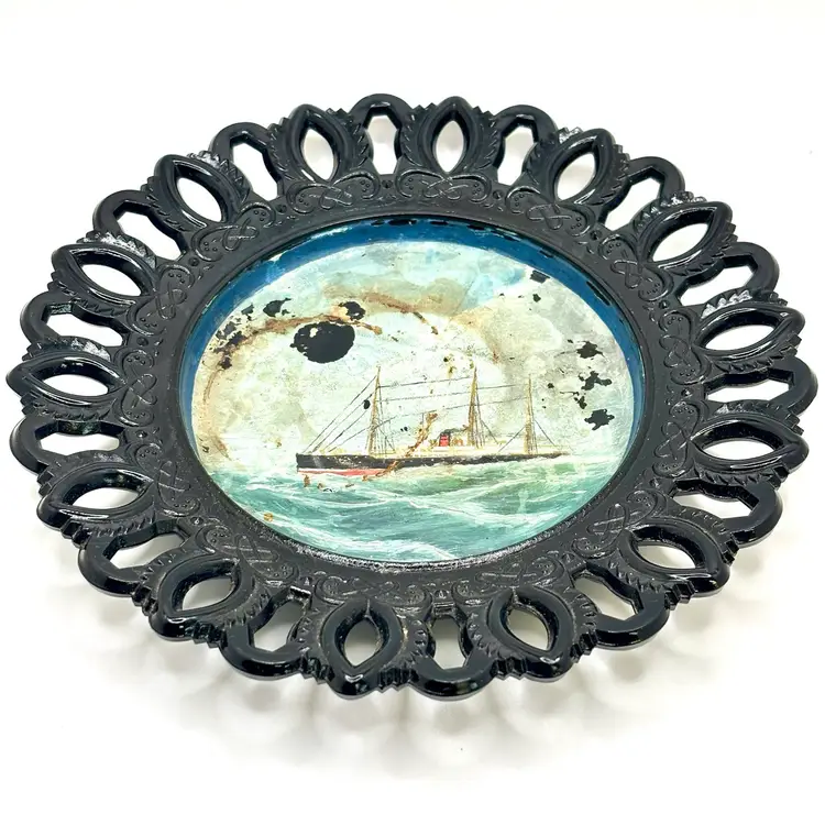 Antique Black Milk Glass Articulated Plate with Painted Nautical Ship Detail 7”*