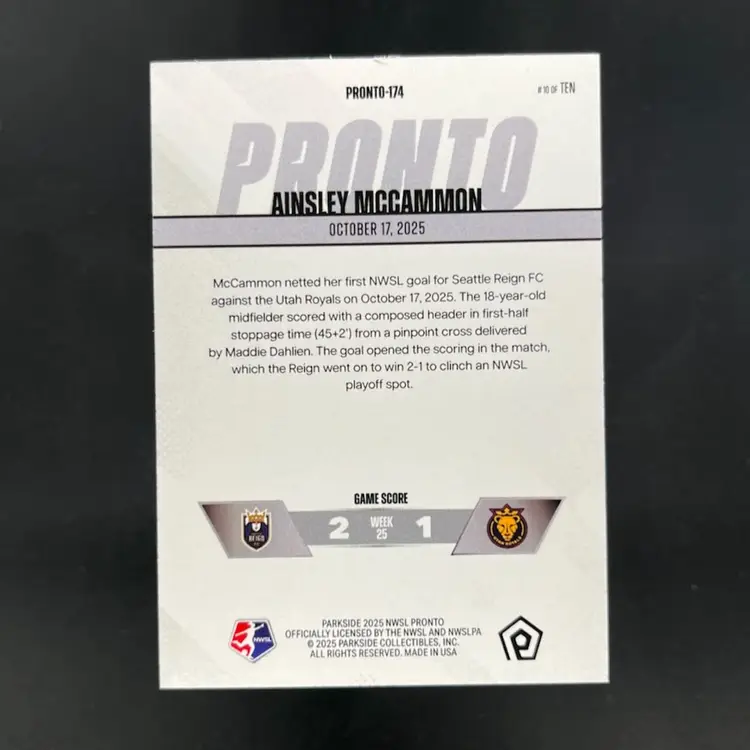 Ainsley Mccammon 2025 Parkside Pronto NWSL Silver /10 #174 Soccer Card