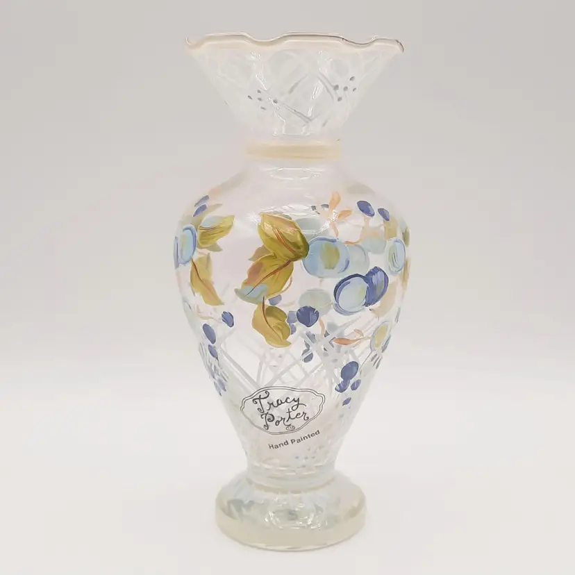 Tracy Porter Handpainted Blue Gold Blueberry Ruffled Rim Vase