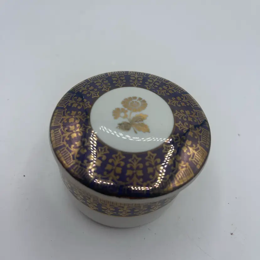 St. Regis Ltd. Porcelain Floral Trinket Box with Lid Blue Gold Made in Brazil