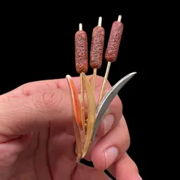 Artisan Made Mixed Metal And Faux Wood Cattails Brooch 3”