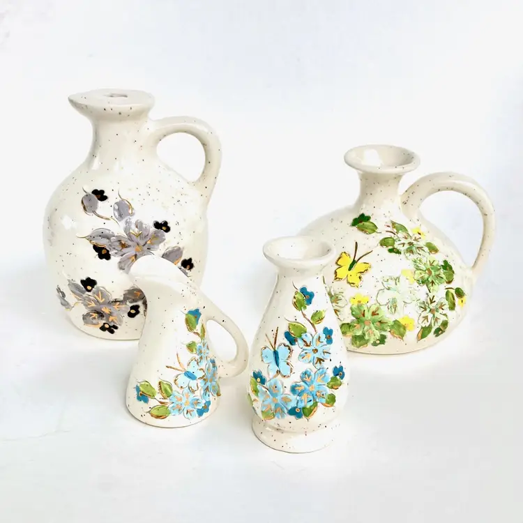 Vintage Speckled Carved Pottery Vase Jug Lot Incised Delicate Butterflies & Flowers