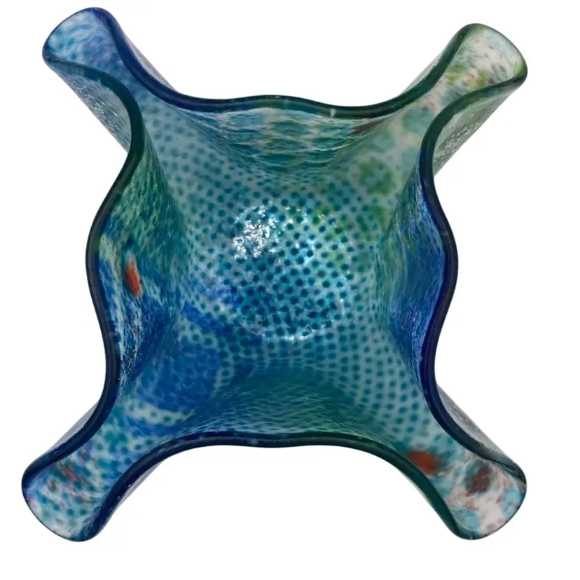 Hand Blown Art Glass Bowl/Candle Holder, Splatter Blue & Green with Red & White accents, Ruffled Rim