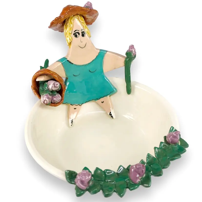Macie Reiner Studio Pottery, Hand-Painted 3D Ceramic Bowl with Woman Gardener & Roses