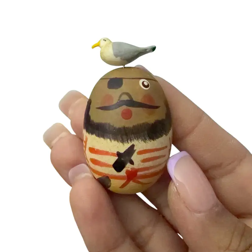 Vintage Hand-painted Pirate Wooden Magnet w/ Bird on Head