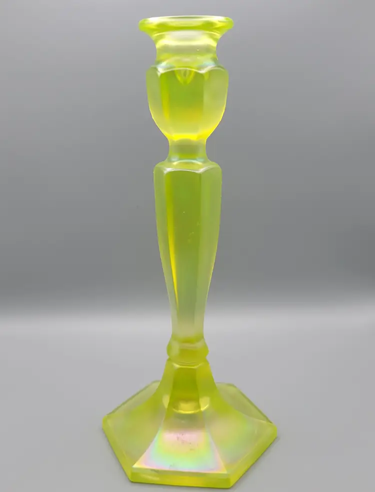 #01 Antique Fenton Topaz Stretch Vaseline Glass Candlestick