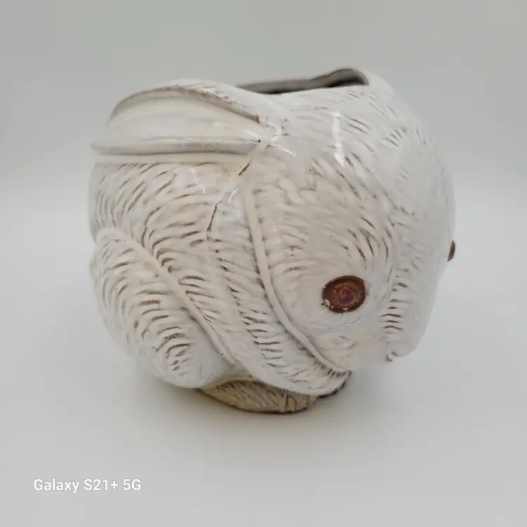 Whimsical Redware Ceramic Cream Glazed Rabbit Planter