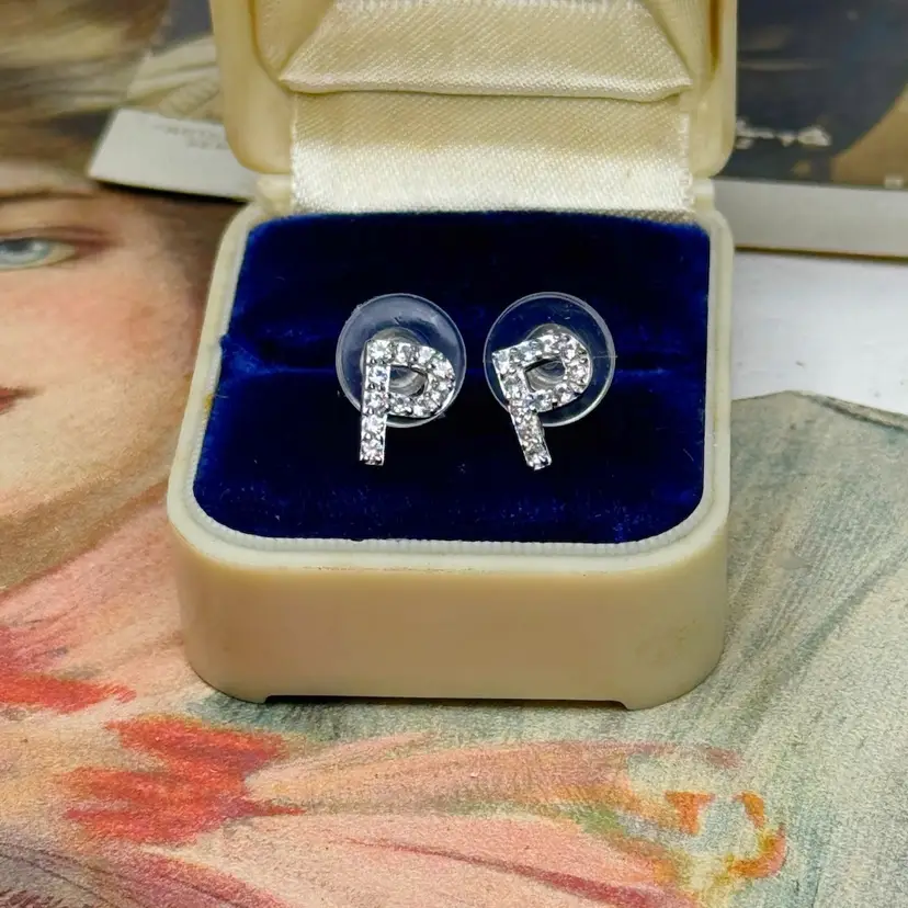 Sterling Silver White Sapphire “P” Stud Earrings